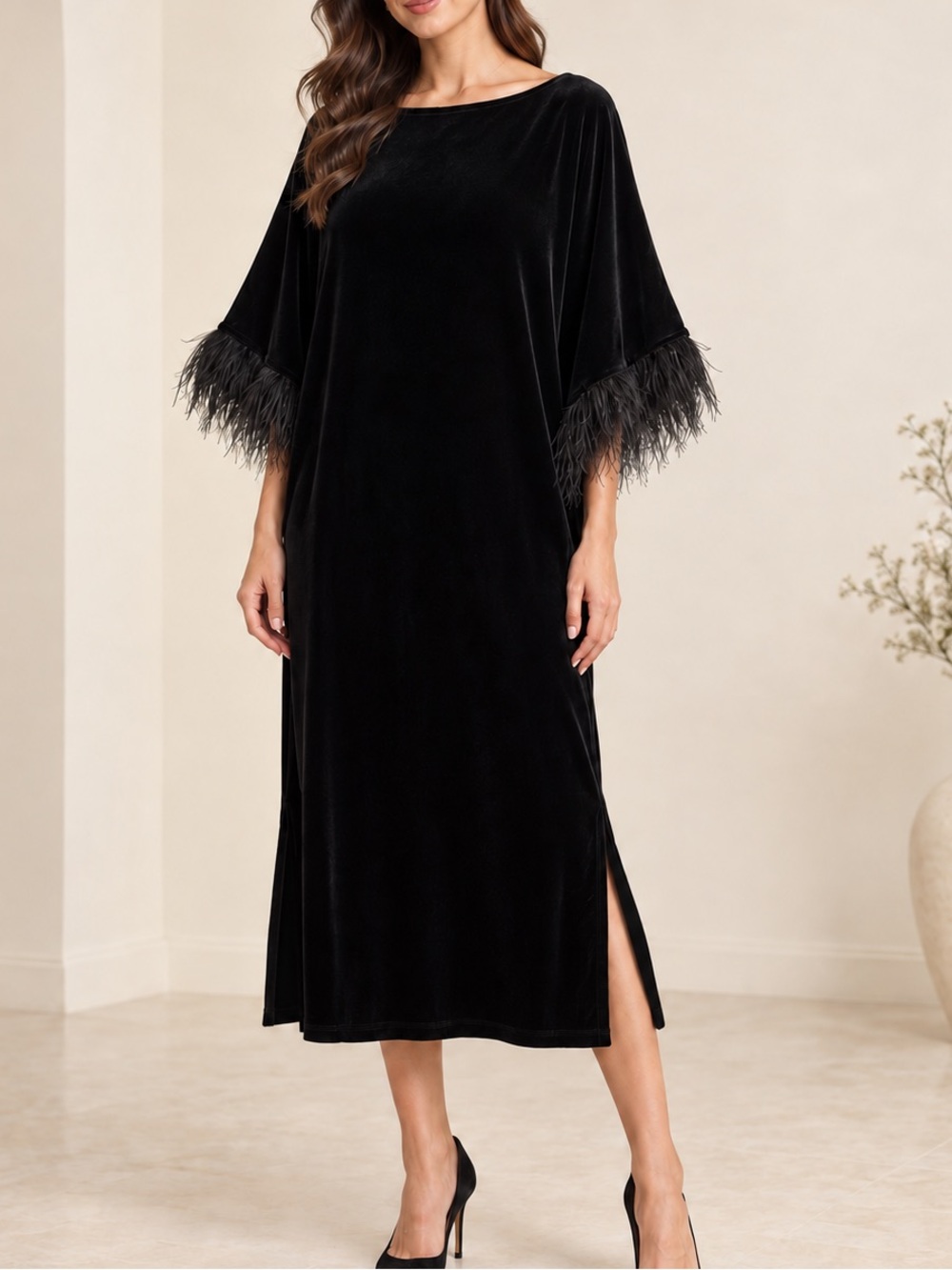 Jude Connally Black Velvet Feather Trim Midi Dress Size M NWT
